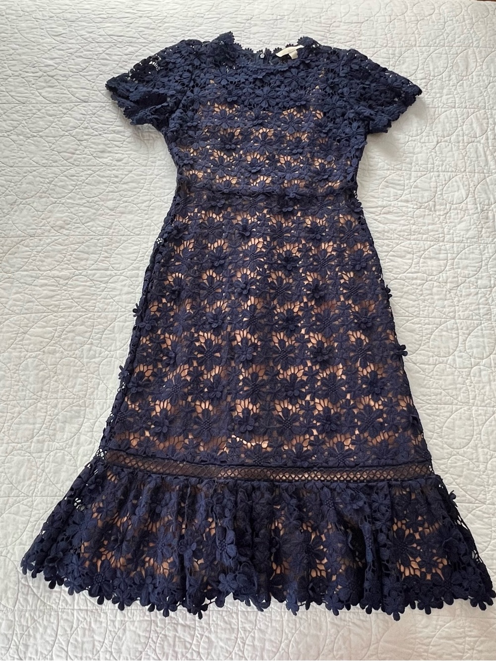 Michael Kors Navy Floral Guipure Lace Fit&Flare Dress Romantic Femme Luxury